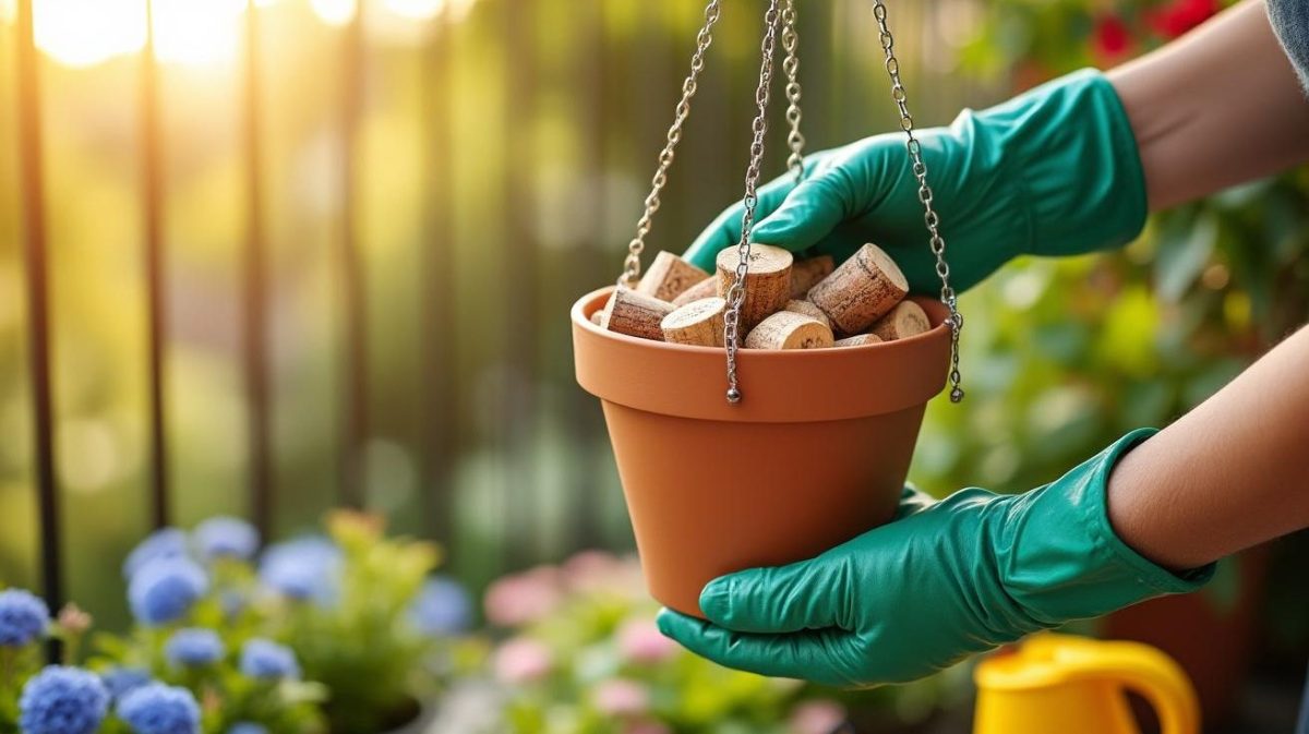 découvrez l’astuce ingénieuse du morceau de liège dans les pots de fleurs suspendus : une solution simple pour évacuer l’eau sans débordement et garder votre sol toujours propre. essayez ce conseil qui fait sensation !